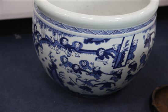 A large Chinese blue and white Hundred Boys goldfish bowl, 42.5cm. diam.